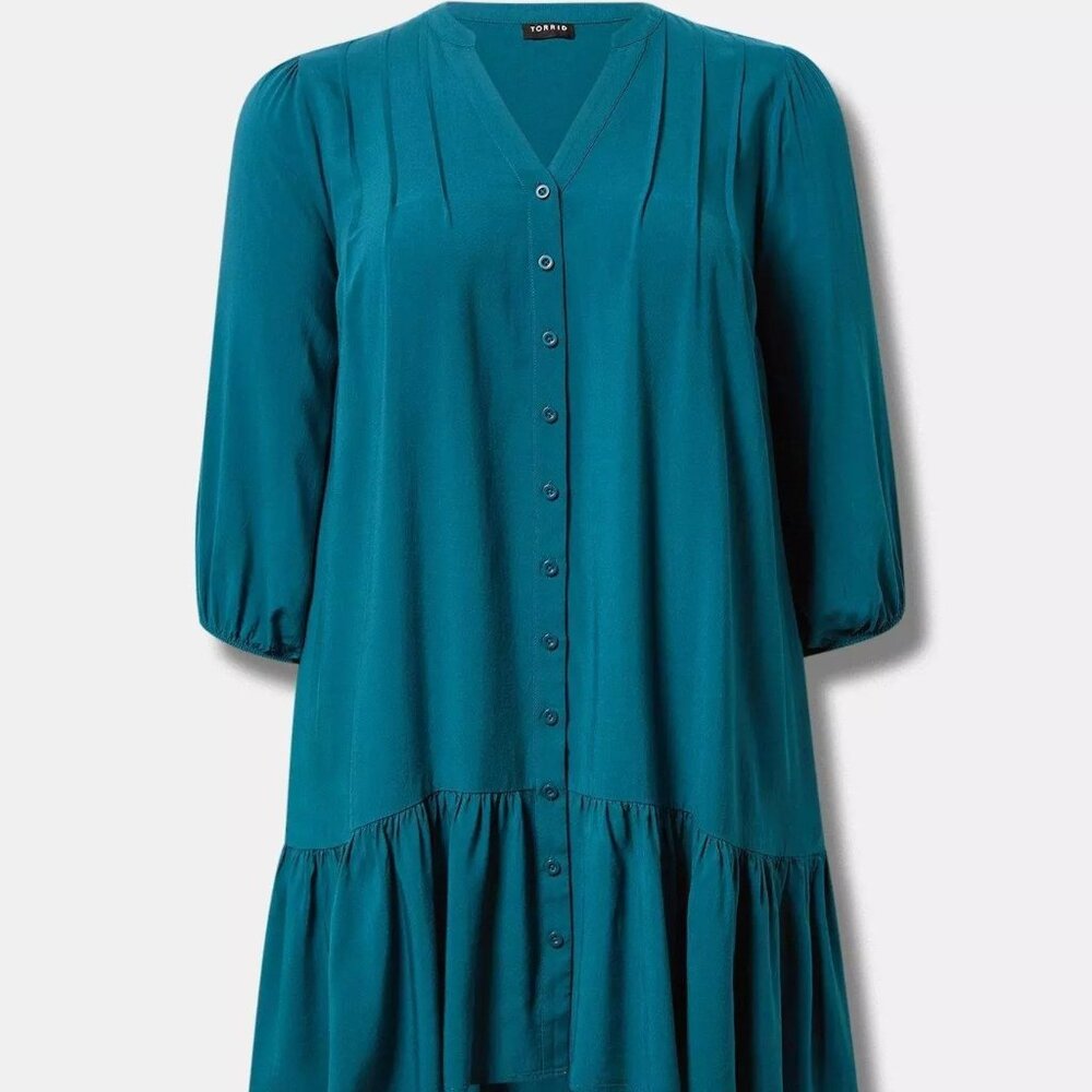 Mini Rayon Slub 3/4 Sleeve Trapeze Pleat Dress